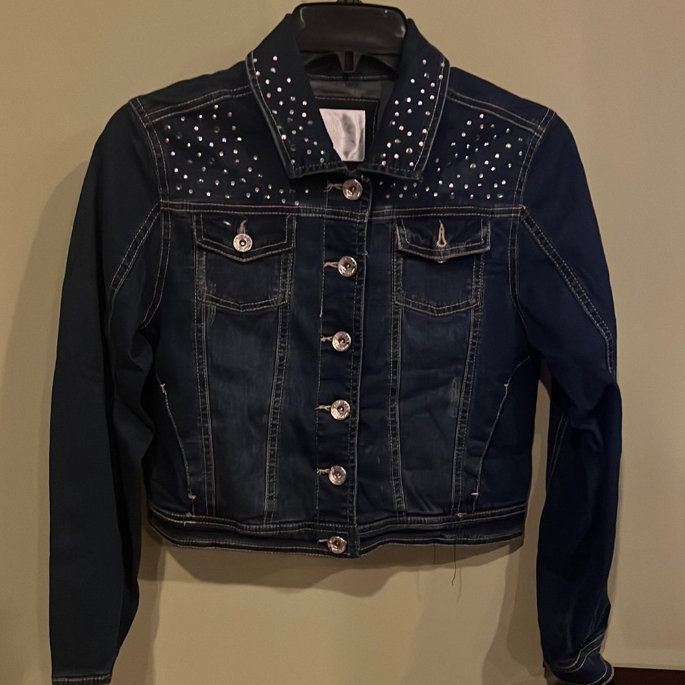 Justice Girls Denim/Jean Jacket w/Rhinestone Embellished Pockets. Size 14.